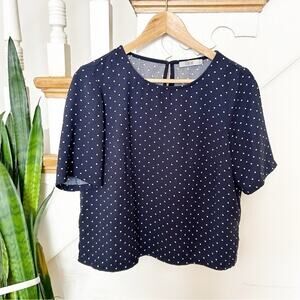 Dalia Navy Blue White Polka-Dot Short Sleeve Round Neck Pullover Top Blouse Sz S
